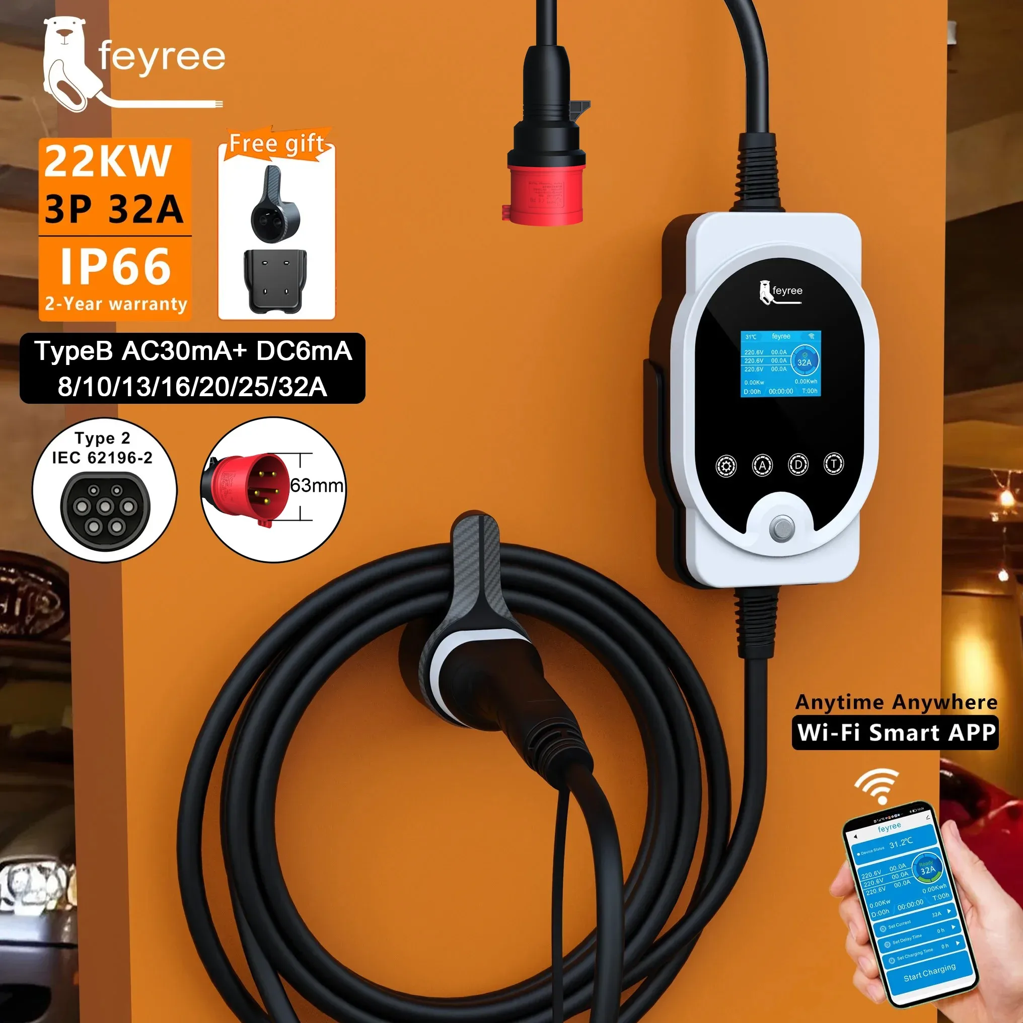 Feyree 22KW Type2 Cable EVSE W - Home Ev Charger 评论和价格