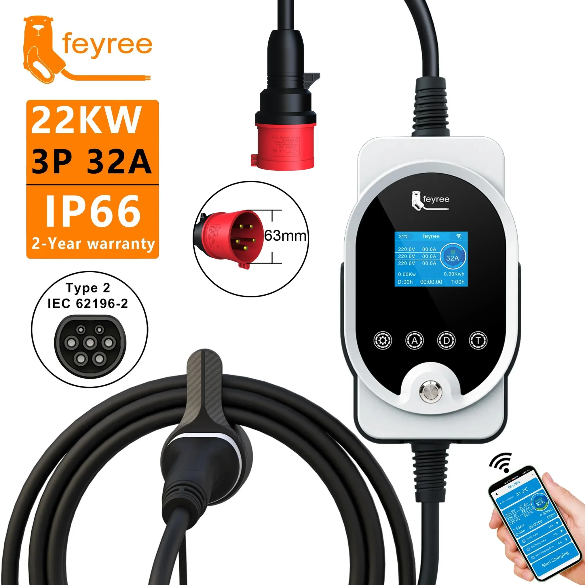 Feyree 22KW Type2 Cable EVSE W - Home Ev Charger 评论和价格